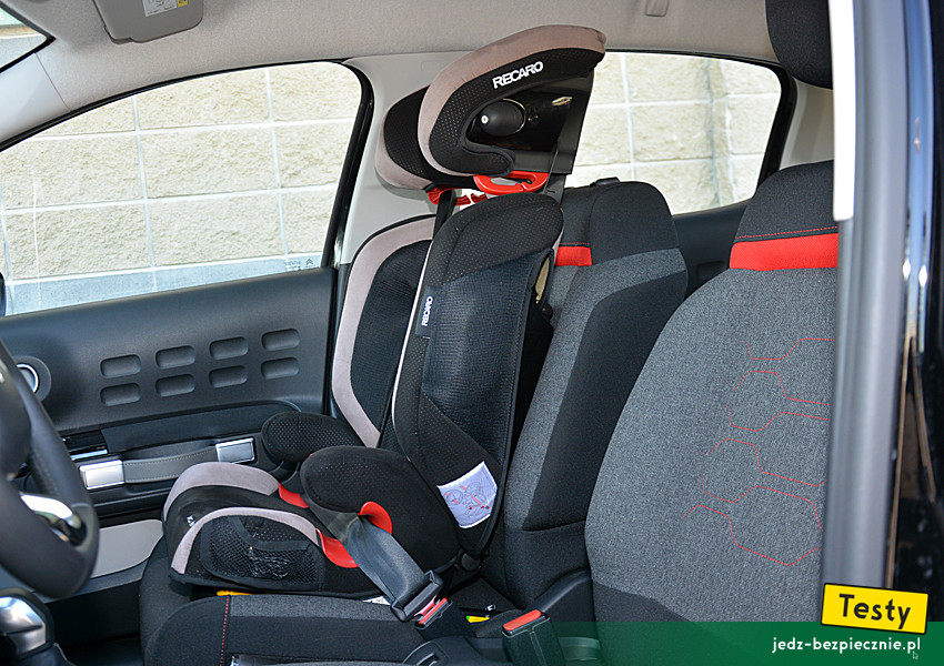 TESTY | Citroen C3 III - fotel pasażera, Isofix, pas bezpieczeństwa, przodem do kierunku jazdy, zdemontowany zagłówek