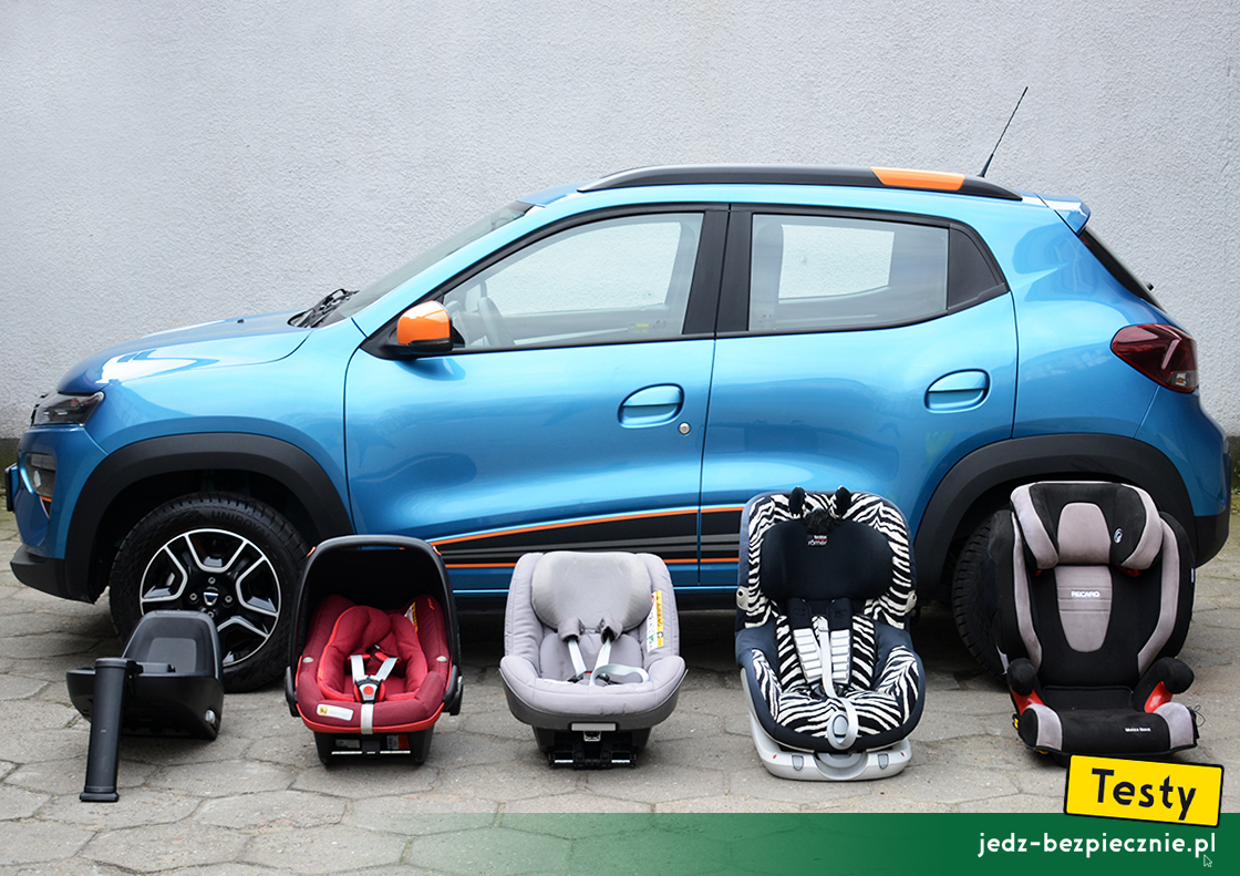 Testy - Dacia Spring - próby z montażem fotelików samochodowych dla dzieci, pas bezpieczeństwa, Isofix, i-size, top-tether