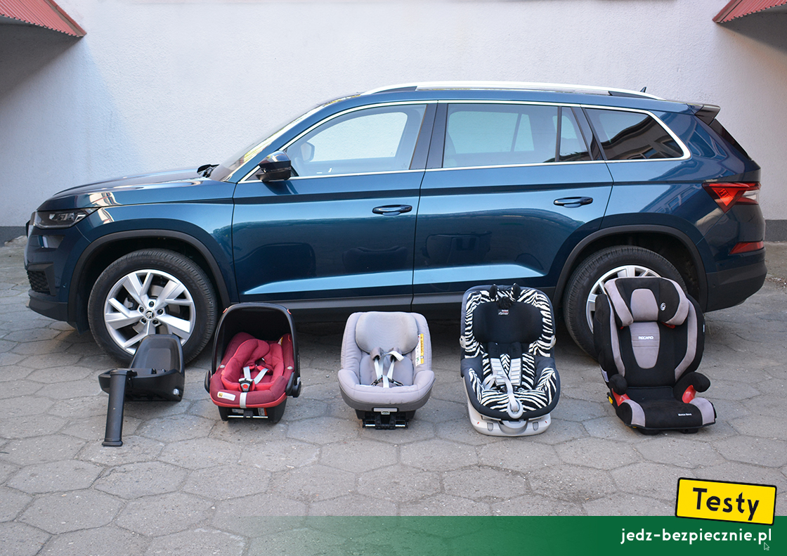 Testy - Skoda Kodiaq fl II 5-osobowa - próby z montażem fotelików samochodowych dla dzieci, pas bezpieczeństwa, Isofix, i-size, top-tether