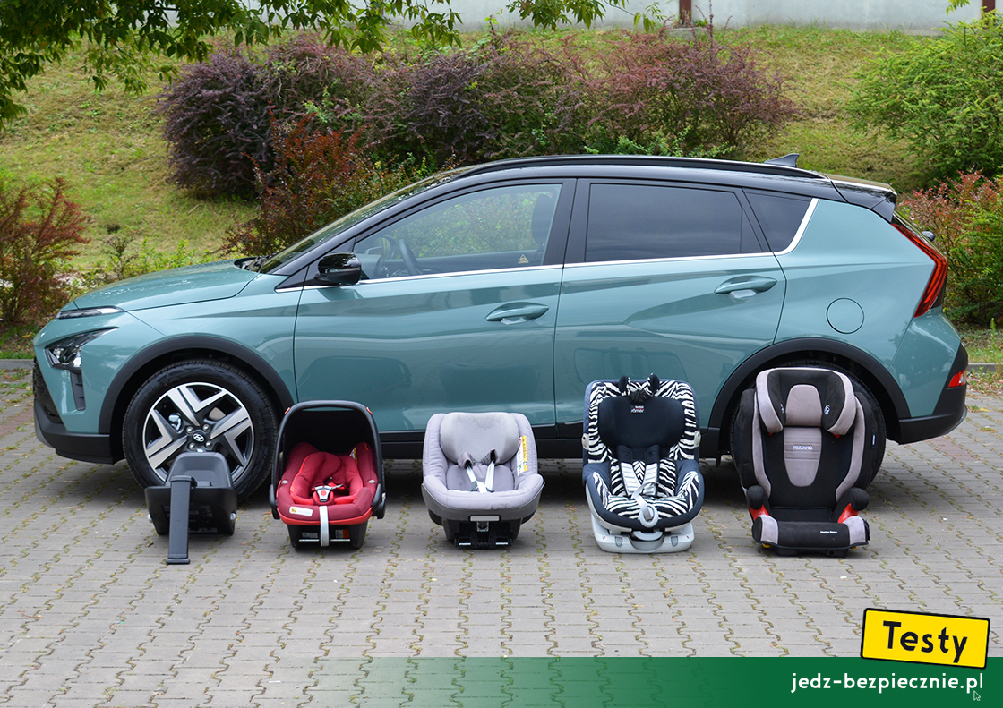 Testy - Hyundai Bayon - próby z montażem fotelików samochodowych dla dzieci, pas bezpieczeństwa, Isofix, i-size, top-tether