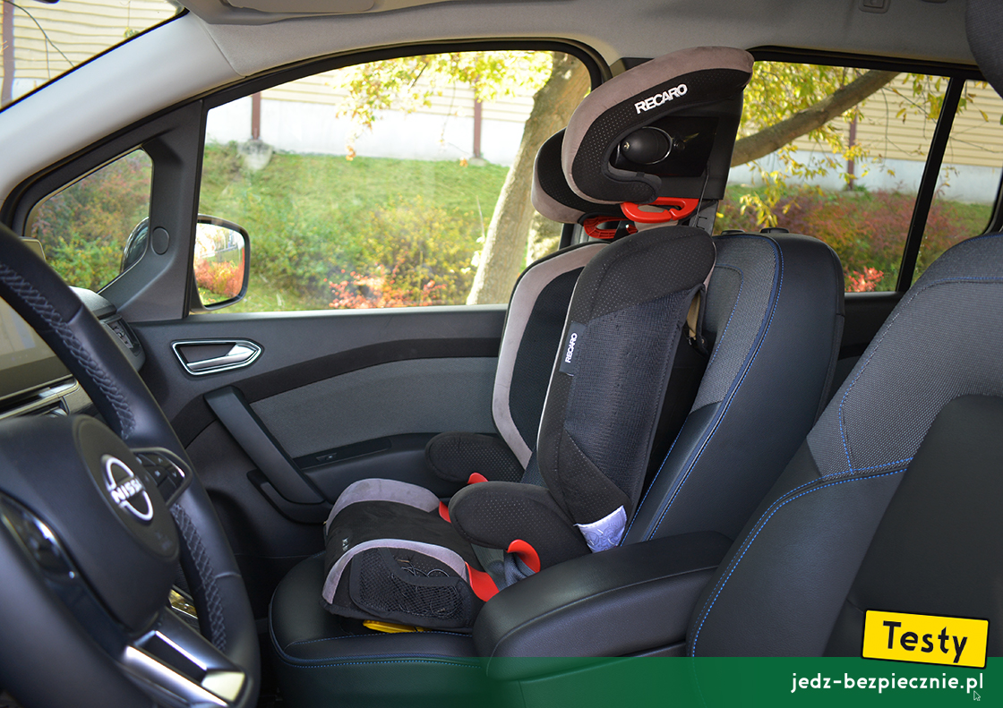 Testy - Nissan Townstar kombi - próba z montażem fotelika z grupy 1, fotel pasażera, przodem do kierunku jazdy, Isofix, Recaro