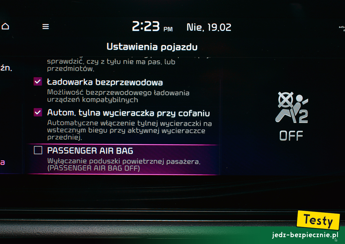 Testy - Kia Niro II EV - wyłącznik czołowej poduszki powietrznej pasażera
