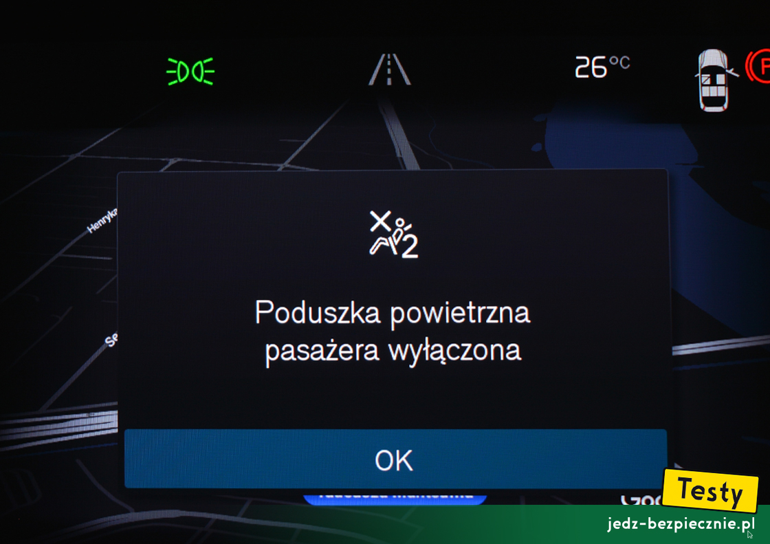 Testy - Volvo XC40 Recharge - informacja o nieaktywnej poduszce powietrznej pasażera, OFF, fotelik dziecięcy tyłem do kierunku jazdy