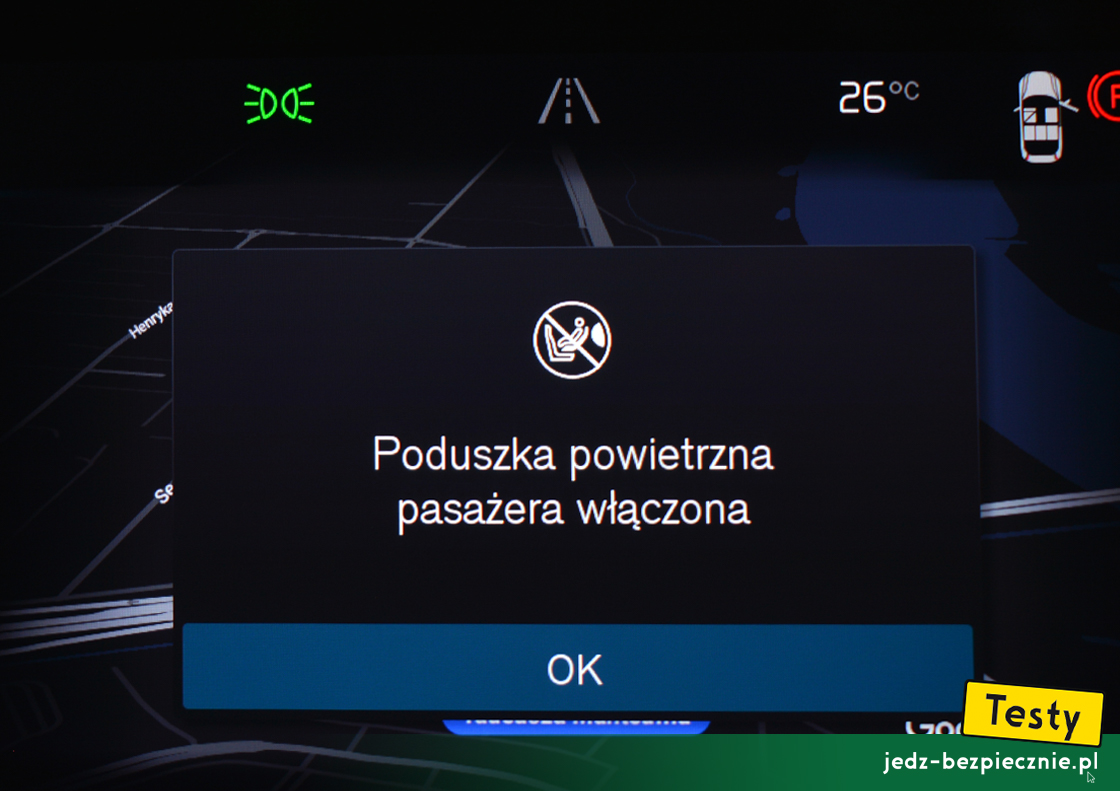 Testy - Volvo XC40 Recharge - informacja o aktywnacji poduszki powietrznej pasażera, ON