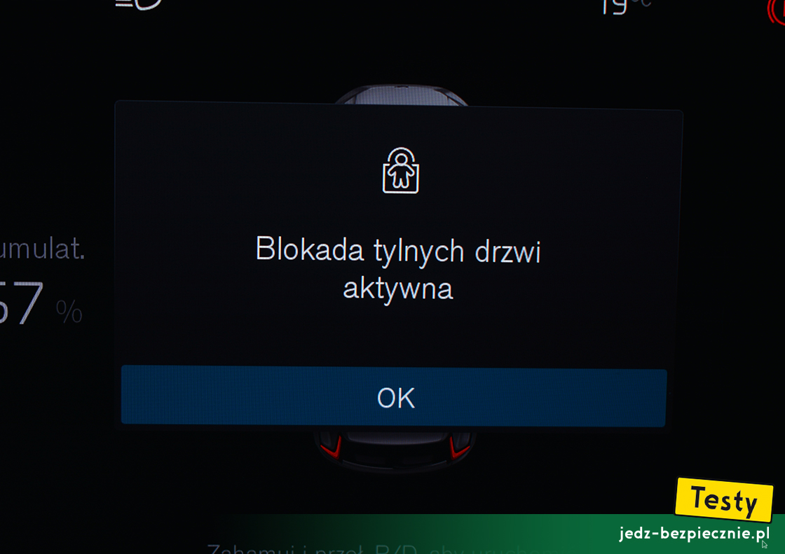 Testy - Volvo XC40 Recharge - blokada otwarcia szyb i drzwi, aktywna