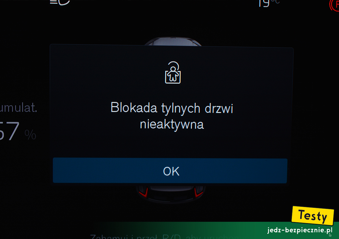 Testy - Volvo XC40 Recharge - blokada otwarcia szyb i drzwi, nieaktywna
