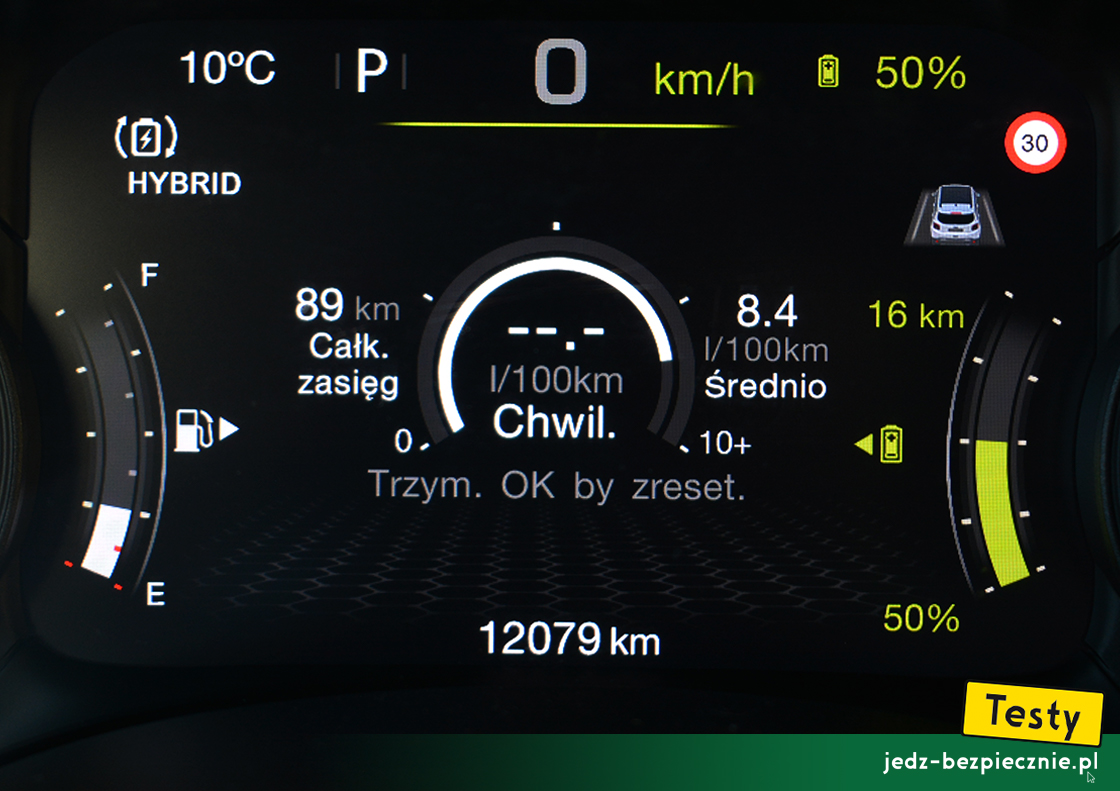 Testy - Jeep Renegade 4xe - dane dotyczące przepływu energii, zużycia paliwa i energii oraz stan naładowania baterii
