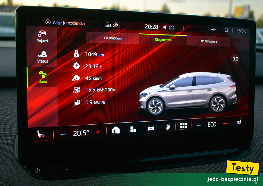 Testy - Skoda Enyaq iV 80x 4x4 - komputer pokładowy, dane z całego testu